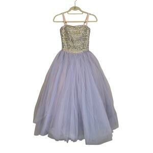 Mori Lee Designer Crystal Beaded Light Purple Silver Tulle Ballgown Small